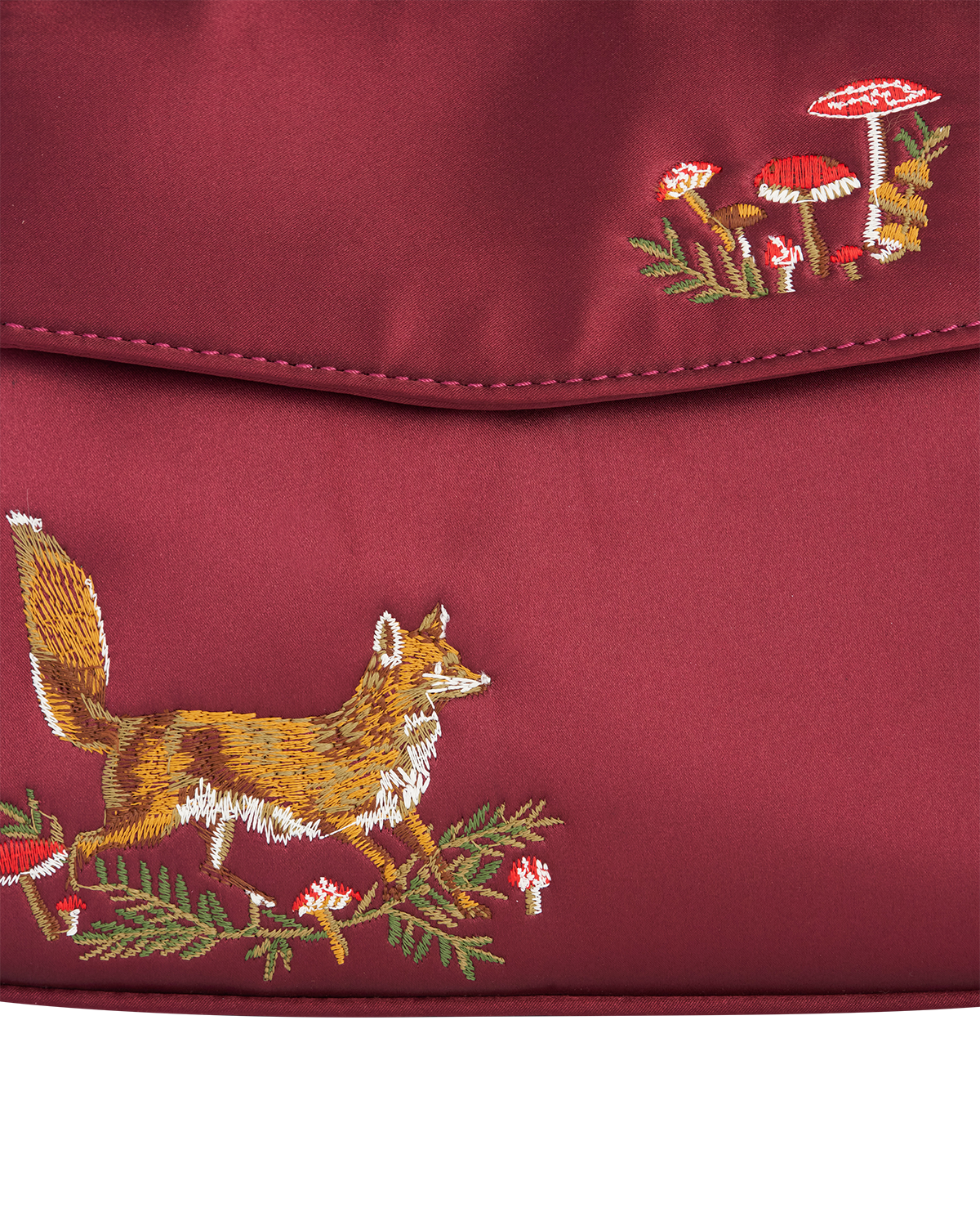 Fox & Mushroom Embroidered Burgundy Satin Tote