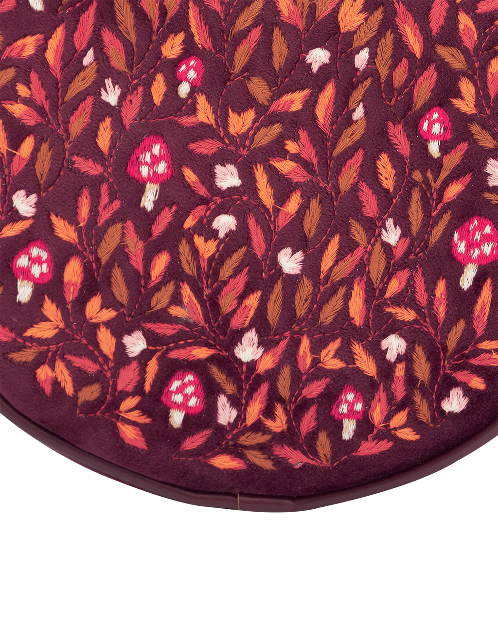 Magical Mushroom Embroidered Burgundy Velvet Circle Bag