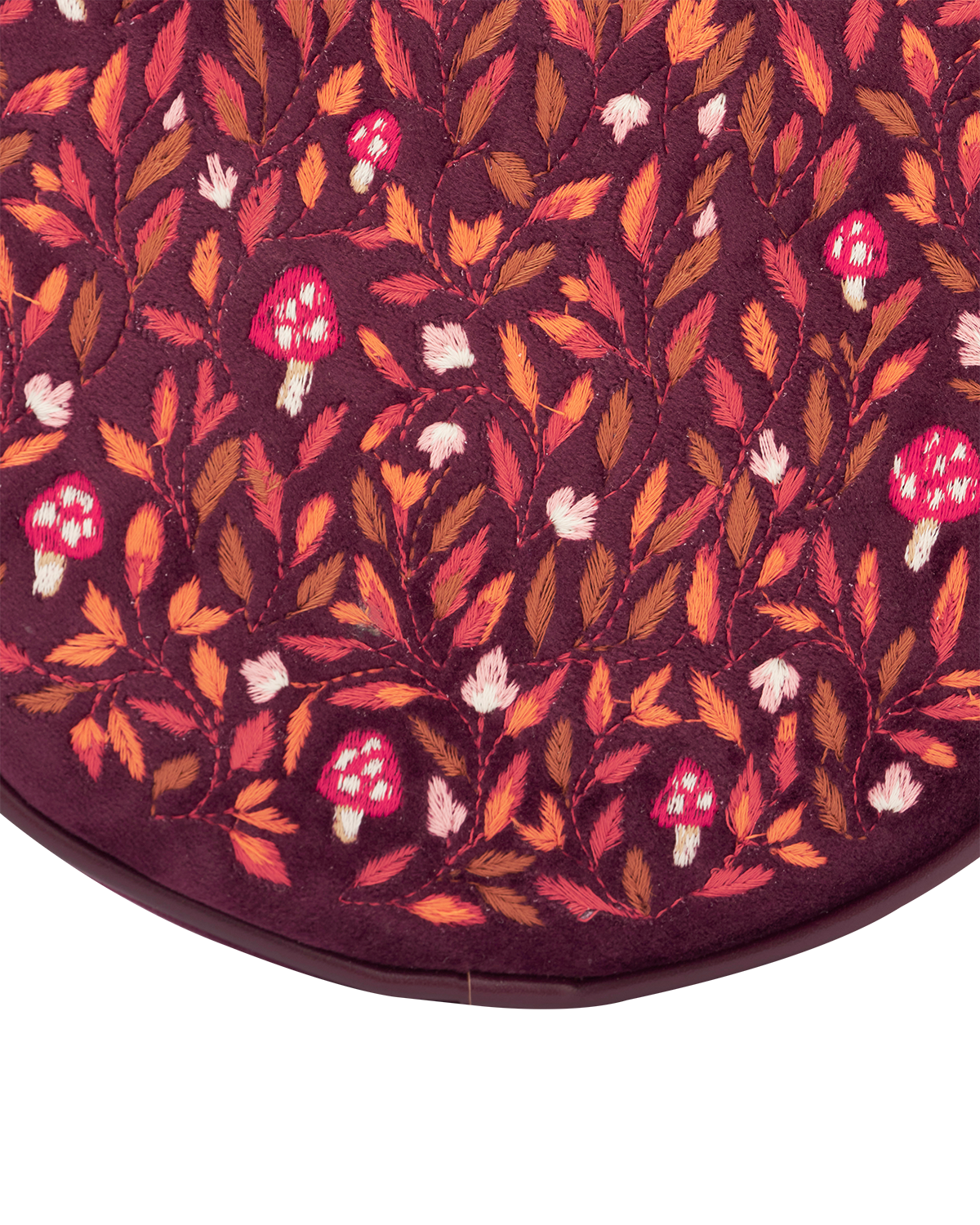 Magical Mushroom Embroidered Burgundy Velvet Circle Bag