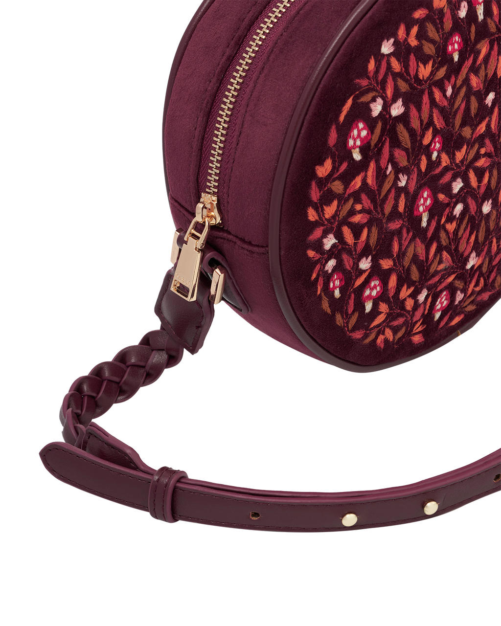 Magical Mushroom Embroidered Burgundy Velvet Circle Bag